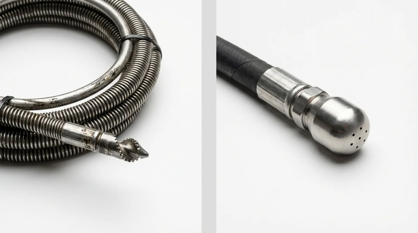 Drain snake cable and hydro jetting nozzle used for drain cleaning in Peru, IN