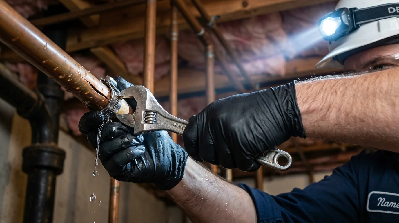 Emergency pipe clamp repair being performed by a Johns Plumbing LLC plumber in Peru