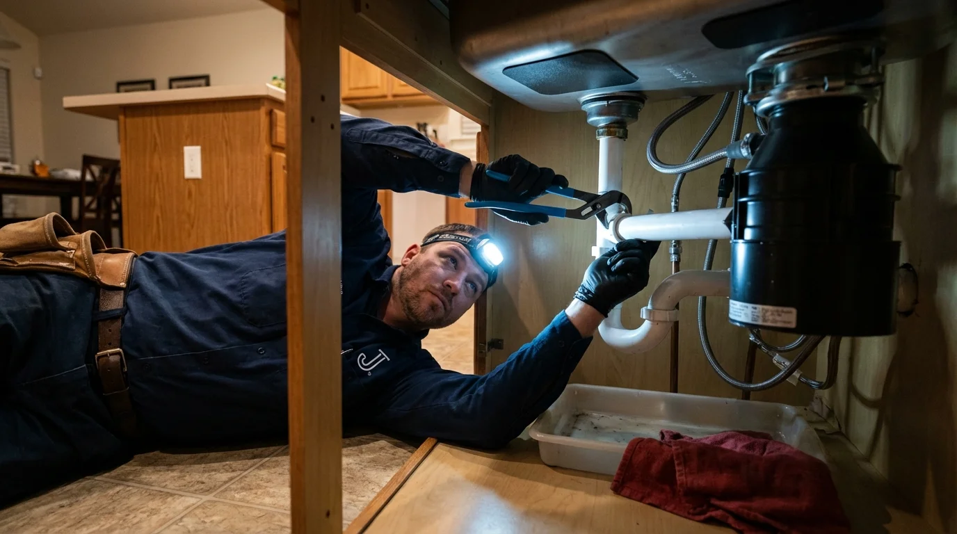 P-trap and supply line connections under a kitchen sink showing a common leak point in Peru, IN